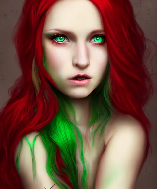 Image similar to Fae teenage girl, portrait, face, long red hair, green highlights, fantasy, intricate