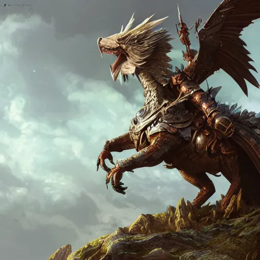 Image similar to a warrior riding on an armored gryphon, au naturel, hyper detailed, digital art, trending in artstation, cinematic lighting, studio quality, smooth render, unreal engine 5 rendered, octane rendered, art style by klimt and nixeu and ian sprigger and wlop and krenz cushart