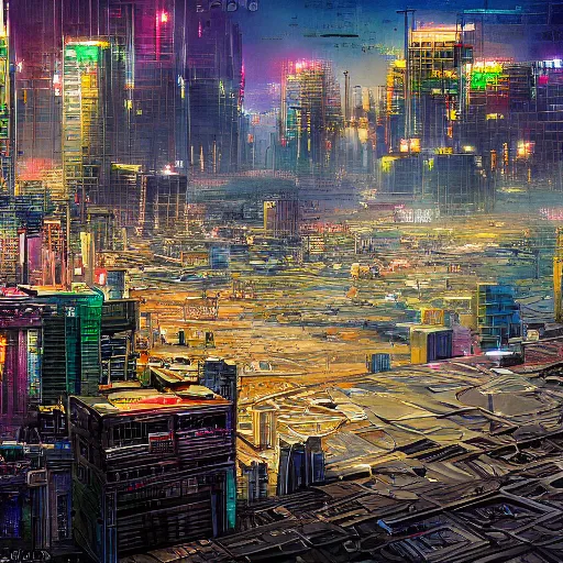 Image similar to painting of the city of baghdad in cyberpunk, wide angle,