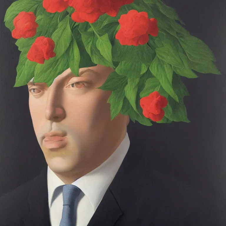 Image similar to portrait of man in a suit that has flowers hiding his head by rene magritte, detailed painting, hd, hq, high resolution, high detail, 4 k, 8 k