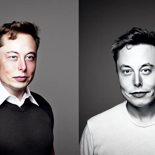 Image similar to A portrait photo of Elon Musk teams up with a teenage Elon Musk, perfect faces, 50 mm, award winning photography