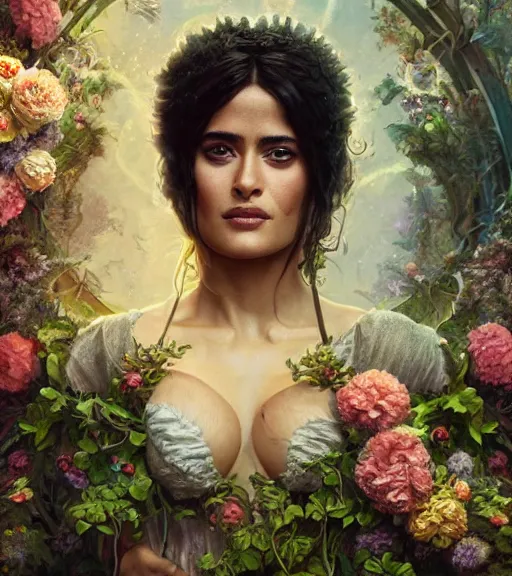 Image similar to portrait of the young salma hayek of the underworld, surrounded by flowers by karol bak, james jean, tom bagshaw, rococo, trending on artstation, cinematic lighting, hyper realism, octane render, 8 k, hyper detailed.