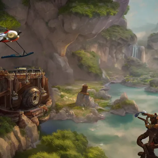 Prompt: pudge hooking gyrocopter with chen helping in background, unreal 5, high detailed, fantasy matte painting, super wide angle