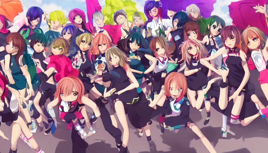 Image similar to group of cute anime characters jumping, colorful outfits, realistic face, detailed face, detailed eyes, short miniskirts, lightly dressed, ultra detailed digital art, hyper real, detailed, group photo, ultra detailed, ground up angle