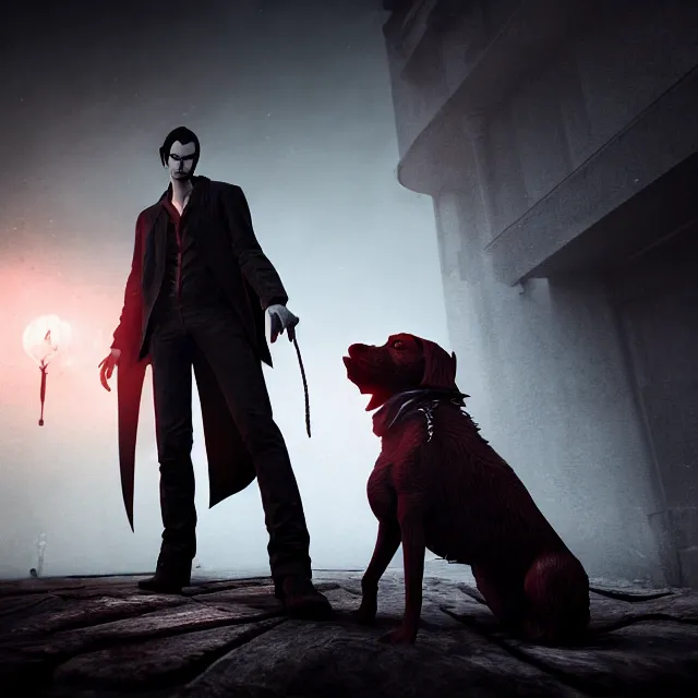 Prompt: vampire and his dog, hyper realism, cinematic shot, dramatic ambient lighting, epic composition, fine details, unreal engine, 8 k, concept art, digital art, deviantart artstation, ray tracing, intricate complexity, extremely detailed, very sharp,