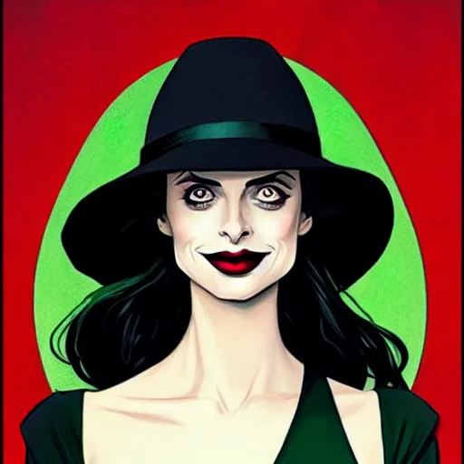 Prompt: beautiful witch Krysten Ritter, style of Joshua Middleton comic book art, Nick Dragotta comic art, black and green eyes, symmetrical face, symmetrical eyes, scary smile, full body, dark green dress