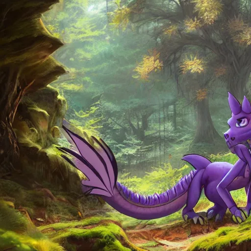 Image similar to concept art painting of an anthropomorphic purple humanoid furry dragon, in the deep forest, realistic, detailed, cel shaded, in the style of makoto shinkai and greg rutkowski and james gurney