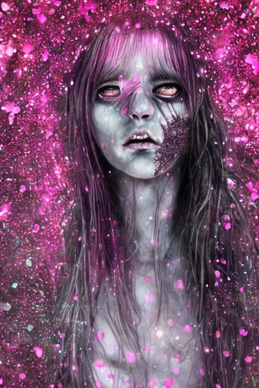 Image similar to ghostly ethereal monster girl with long hair crying surrounded by screaming spirits, pink and black, super detail, highly detailed,,beautiful, silent hill, pink, highly detailed glittery sparkly shooting stars glowing, creepy beautiful hyperrealism, award winning artwork, realistic hair, artstation trend, high quality print, fine art with subtle redshift rendering,