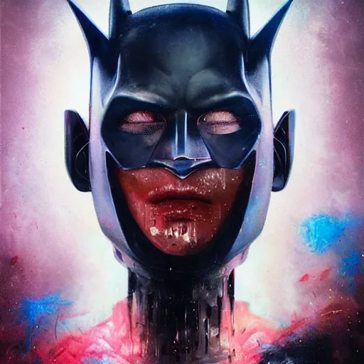 Image similar to dream portrait of Batman, cameras, melting ,8k,by tristan eaton,Stanley Artgermm,Tom Bagshaw,Greg Rutkowski,Carne Griffiths, Ayami Kojima, Beksinski, Giger,trending on DeviantArt,face enhance,hyper detailed,minimalist,cybernetic, android, blade runner,full of colour