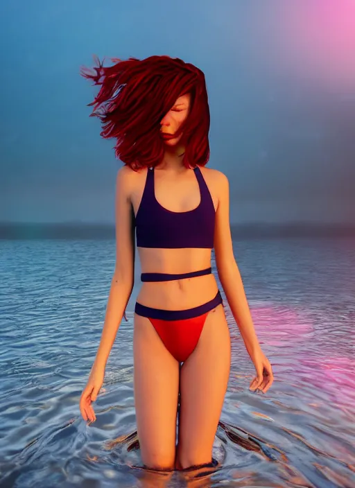 Prompt: gorgeous girl, symmetrical face, short red hair, crop top, daisy dukes shorts. by art germ, trending on artstation, unreal engine, octane render, cinematic, ultra detailed, 4 kmagical, lights, sunset, mysterious, serene, sunlight, ocean, flowing, floating water, splashing water, glowing, mystical, mysterious, lights, bokeh. 4 k