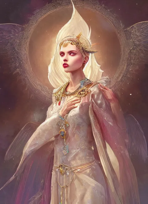 Image similar to A beautiful digital painting of a female Seraphim full of jewels, princess, the moon behind her, intricate, cinematic lighting, highly detailed, digital painting, Artstation, concept art, smooth, sharp focus, illustration, art by Tom Bagshaw, Artgerm and Greg Rutkowski