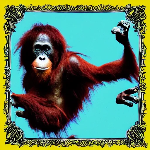 Image similar to orangutan in the style of dirty rhymes & psychotronic beats album cover by pungent stench