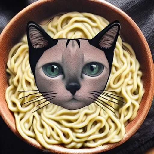 Prompt: a geometric style tattoo of a siamese cat laying in a bowl of ramen noodles
