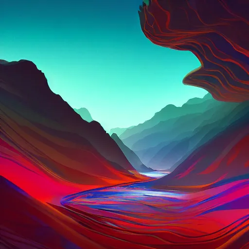 Image similar to vast and beautiful mountain range with a river running through it, digital painting, concept art, acid trip, colorful, sharp focus, artstation, 4k, by Jeszika Le Vye and Filip Hodas