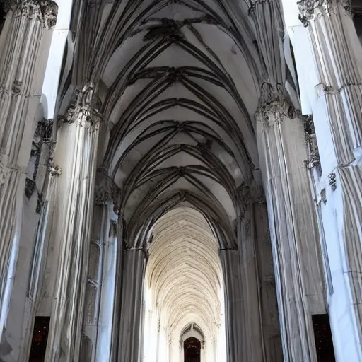 Image similar to architect, white marble gothic cathedral with a alabaster gothic girl dressed in black with perfect face