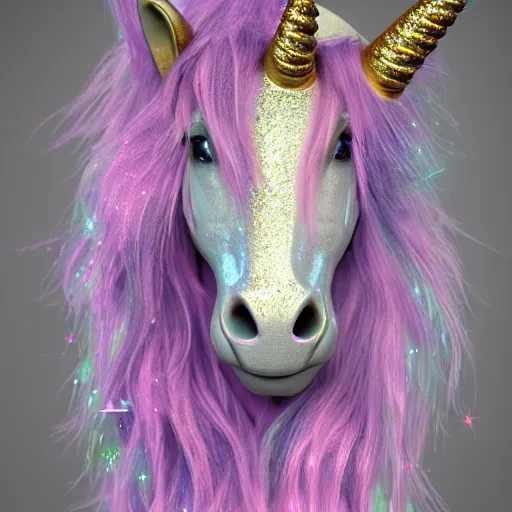 Image similar to unicorn glitter fluffy, flowing, sparkles, trending on deviantart, digital art, cosmic, 3 d high definition, trending on artstation, photorealistic, high resolution, vray, 8 k, octane, trending on, hdr, hyper detailed, insane details, intricate, elite, ornate, elegant, unreal engine