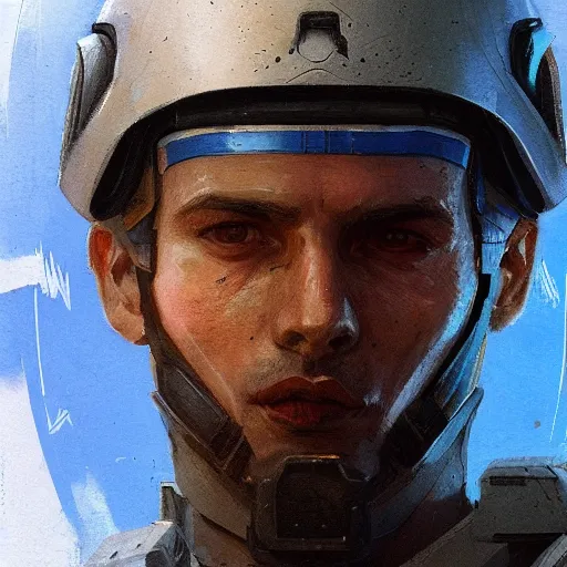 Prompt: portrait of a man by greg rutkowski, a soldier of the new galactic republic, wearing a white, blue and orange tactical gear, star wars expanded universe, highly detailed portrait, digital painting, artstation, concept art, smooth, sharp foccus ilustration, artstation hq