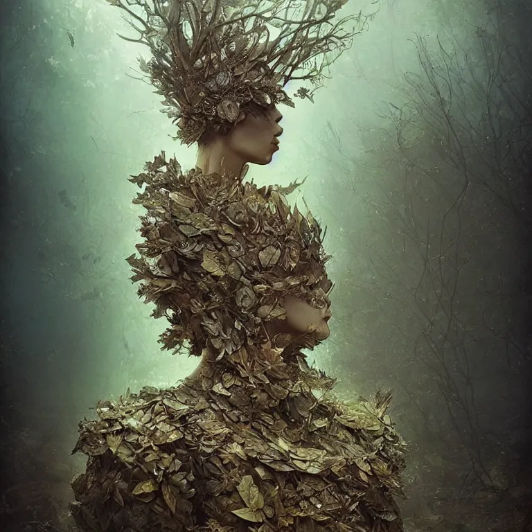 Image similar to dusty, underwater,!! bokeh, old tintype, realistic armoured tree made of leaves, dramatic light, dystopian environment, intricate, elegant, highly detailed, headdress, artstation, sharp focus, artgerm, tomasz alen kopera, peter mohrbacher, donato giancola, boris vallejo, frank frazetta