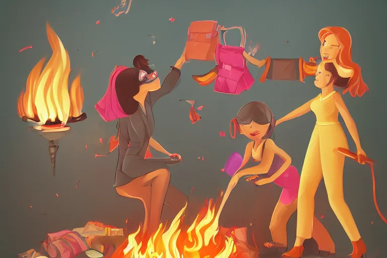 Prompt: a crazy housewife hurries up to pack daughter's things, surrounded with fire, clothes are flying around, digital art, trending on artstation