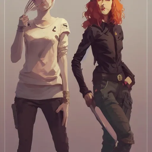 Image similar to portrait of stoic heroic blonde tomboy butch woman engineer and tall brunette goth feminine woman standing back to back by atey ghailan, by greg rutkowski, by greg tocchini, by james gilleard, by joe fenton, by kaethe butcher, dynamic lighting, gradient light blue, brown, blonde cream and white color scheme, grunge aesthetic