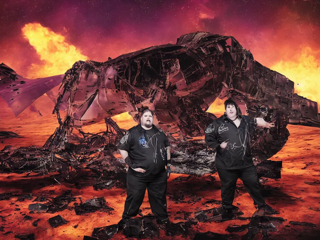 Prompt: portrait of an overweight person with emo haircut, wearing gothy purple and black space spandex suits, standing next to smashed burning spacecraft wreckage, on the orange surface of mars, highly detailed, dramatic lighting, photorealistic, cinematic