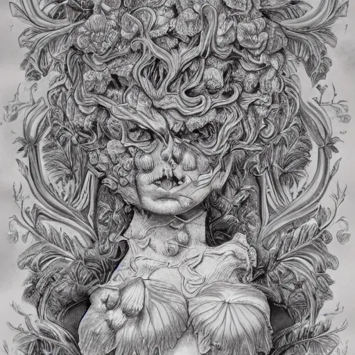 Prompt: a beautiful detailed rococo 8 0's photo of a rotten woman corpse morphing into fractal plants and fractal flowers and mushrooms, face muscles, veins, anatomical, intricate, ornate, volumetric light, beautiful lit, beetlejuice