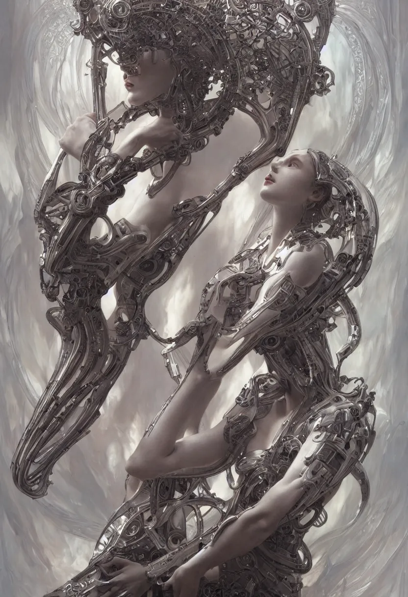 Image similar to beautiful white cyborg goddess, by william - adolphe bouguereaum artgerm and hr giger and zdzislaw beksinski and alphonse mucha, matte painting, hyperdetailed, symmetry, art nouveau, beautiful render, concept art