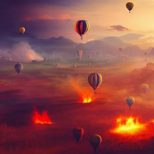 Image similar to colorful hot air balloons float over a fiery battlefield of smoke, fantasy, concept art, colorful, vivid