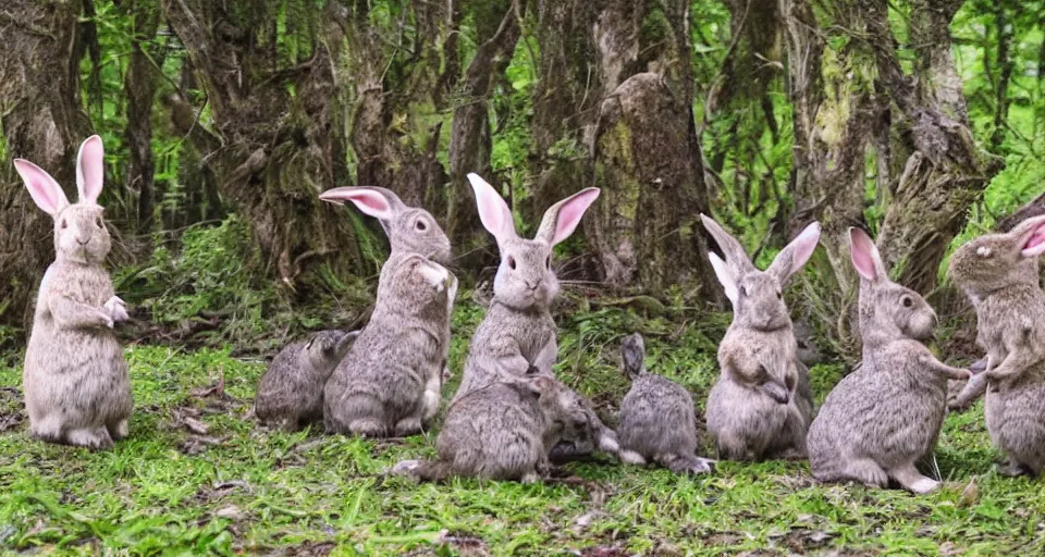 Image similar to shamanic ritual, A group of rabbits performing a shamanic ritual in a forest