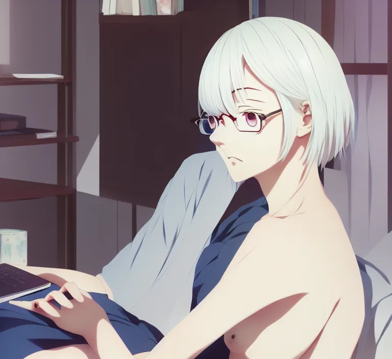 Image similar to anime visual, a young woman with white hair in her bedroom studying, cute face by ilya kuvshinov, yoshinari yoh, makoto shinkai, katsura masakazu, dynamic perspective pose, detailed facial features, kyoani, rounded eyes, crisp and sharp, cel shad, anime poster, ambient light