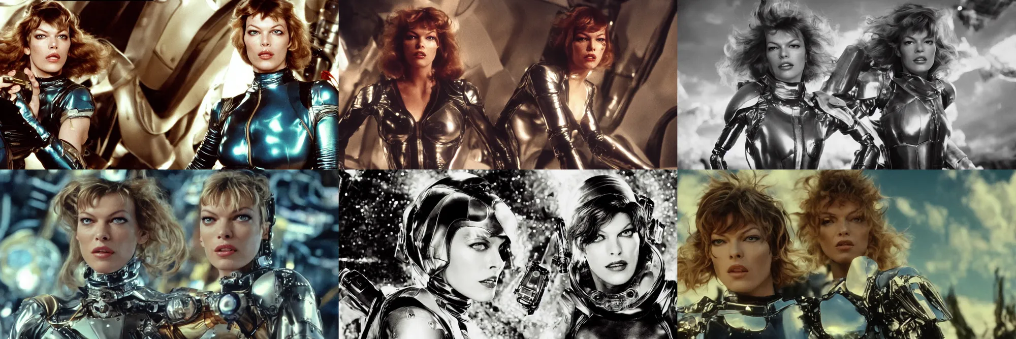 Prompt: a portrait of milla jovovich as barbarella wearing a leather spacesuit having an adventure, evil 7 0 s robots firing weapons, psychedelic, beautiful, soft focus, depth of field, cinematic, film grain, wide shot, in the style of kubrick, ridley scott