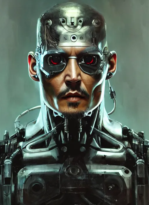 Image similar to johnny depp as victor stone, full body concept, cyborg, borg, strogg, face of a man, terminator, flesh, quake strogg, doom demon, wolfenstein, monstrous, powerful, symmetry, symmetrical, concept art by ruan jia and greg rutkowski