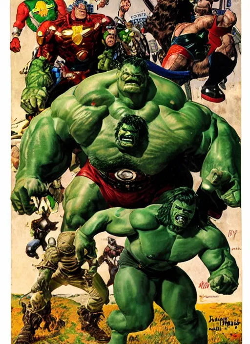 Image similar to full body and head portrait of brian blessed as marvel hulk in metal armour, dynamic action, painted by norman rockwell and phil hale and greg staples and tom lovell and frank schoonover and jack kirby