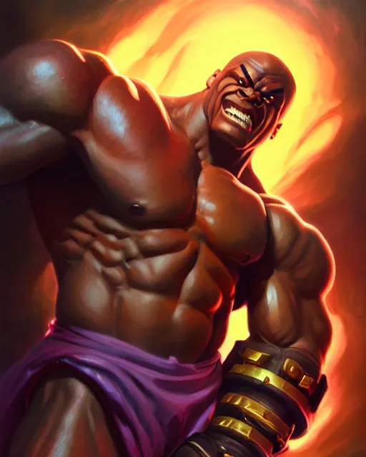 Prompt: doomfist from overwatch, elegant, confident, smug, ripped, buff, strong, colorful, fantasy, fantasy art, character portrait, portrait, close up, highly detailed, intricate detail, amazing detail, sharp focus, vintage fantasy art, vintage sci - fi art, radiant light, caustics, by boris vallejo