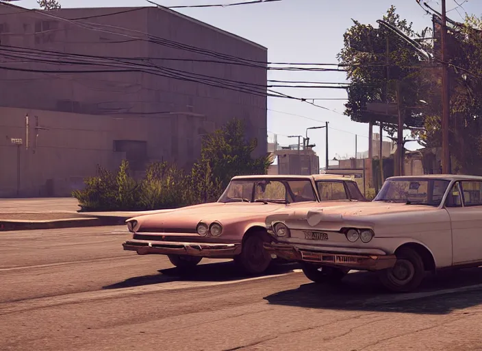 Prompt: hyperrealistic matte painting of gta game in soviet suburbs, 1 9 6 0, playstation 5 screenshot, mega details, golden hour, beautiful rtx reflections, soviet suburbs, photorealistic, unreal engine 5, octane render, volumetric light, featured on cg society, 4 k, 5 0 mm bokeh, polaroid photo, russian lada car, artstation