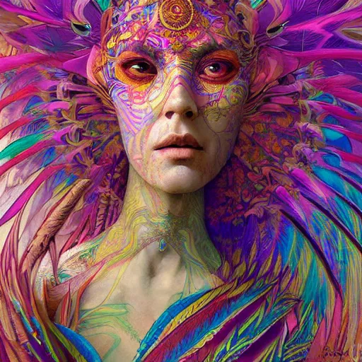 Image similar to A reality bending psychedelic ayahuasca experience, colorful, distorted, surreal, tropical bird feathers, dramatic lighting on the face, intricate, elegant, highly detailed, digital painting, concept art, smooth, sharp focus, illustration, art by Krenz Cushart and Wayne Barlowe and alphonse mucha