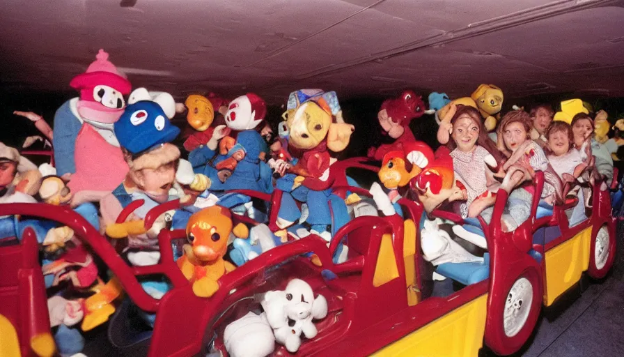 Image similar to 1990s photo of inside the Sppoky Beanie Babies ride at Universal Studios in Orlando, Florida, riding a Beanie Baby car through a haunted house, cinematic, UHD