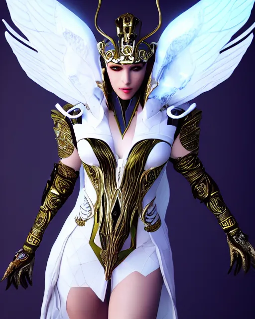 Image similar to sultry egyptian queen wearing white dove wings, warframe armor, regal, attractive, ornate, sultry, elize theron, pretty face, green eyes, scifi platform, 4 k, ultra realistic, epic lighting, illuminated, cinematic, black gold, art by akihito tsukushi, voidstar