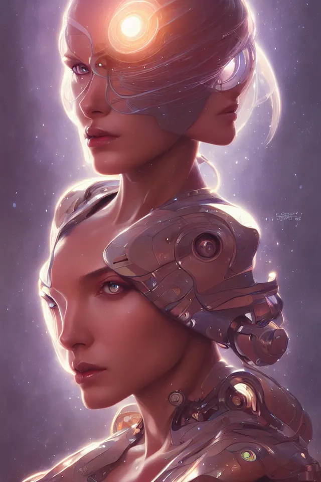 Image similar to futuristic woman portrait, sci-fi, amber eyes, face, long hair, fantasy, intricate, elegant, highly detailed, digital painting, artstation, concept art, smooth, sharp focus, illustration, art by artgerm and greg rutkowski and alphonse mucha