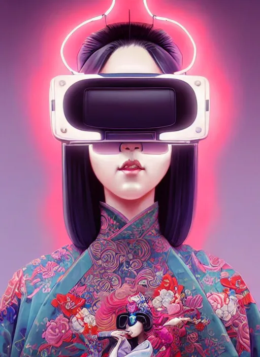 Image similar to wide angle portrait shot of female japanese android wearing a vr eyewear and a very detailed and intricate geisha kimono dress, intricate detail, cyber neon lighting, highly detailed, artstation, glamor pose, concept art, art by peter mohrbacher and boris vallejo and liam wong, pinterest, artstation, digital painting,