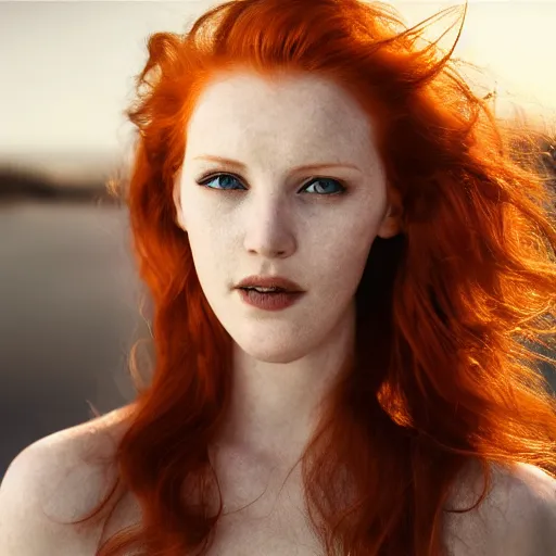 Prompt: Fine art photo of the most beautiful woman, she is redhead, she is posing while maintain a sweet eye contact to the camera, she has a crown of flowers, she has perfect white teeths, she is getting ulluminated by the rays of the sunset, the photo was taking by Annie Leibovitz, matte painting, oil painting, naturalism, 4k, 8k