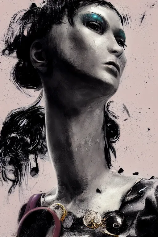 Image similar to an epic non - binary model, subject wearing a belt made out of computer mice, grungy, beautiful, intricate, black and white colors, with few pastel pink highlights, by jeremy mann and ilya kuvshinov, jamie hewlett and ayami kojima, trending on artstation, bold 3 d, octane render