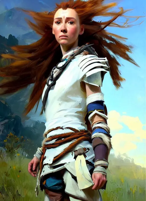 Image similar to portrait of a caucasian Aloy from Horizon Zero Dawn in white clothes, countryside, calm, fantasy character portrait, dynamic pose, above view, sunny day, clouds in the sky, artwork by Jeremy Lipkin and Giuseppe Dangelico Pino and Michael Garmash and Rob Rey and Greg Manchess, very coherent asymmetrical artwork, sharp edges, perfect face, simple form, 100mm