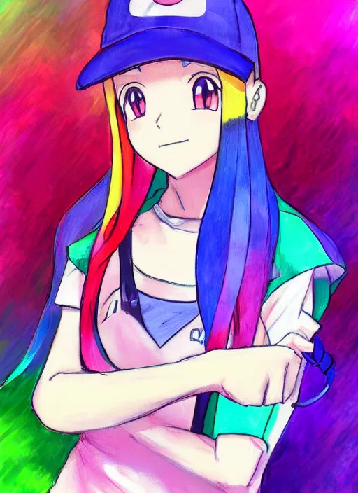 Image similar to a portrait of a female pokemon trainer, rainbow uniform, very anime in impressionist style, anime trending artwork, anime painter studio, by claude monet