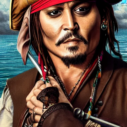 Image similar to Johnny Depp in a pirate costume sailing on a pontoon, cinematic,hyperrealistic, high detalied, high quality, digital art, artstation, 8k,