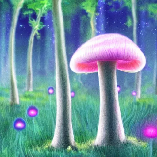 Image similar to field of tall luminescent pink and blue mycena fungi, emitting spore clouds, midnight, moonlight, fantasy art, mysterious, magical, hyperrealistic, detailed, soft lighting, fireflies