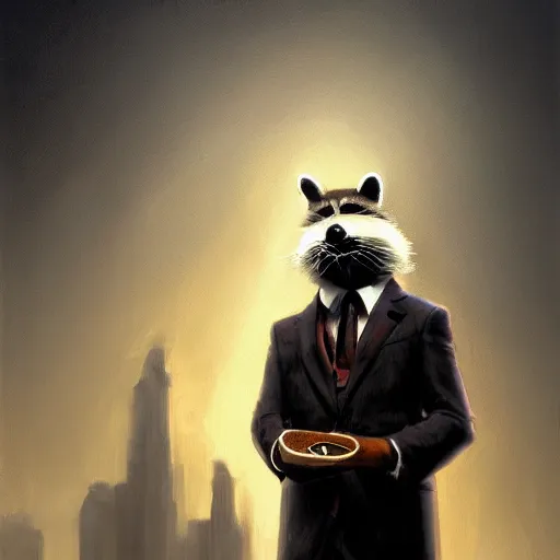 Image similar to a racoon wearing a suit smoking a cigar, dramatic lighting, cinematic, establishing shot, extremly high detail, photorealistic, cinematic lighting, artstation, style by James Gurney