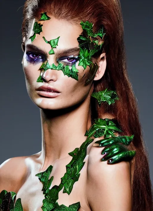 Prompt: A beautiful portrait of Ophelie Guillermand as Poison Ivy from Batman as a Versace fashion model Spring/Summer 2012, highly detailed, in the style of cinematic, Getty images, Milan fashion week backstage, Makeup by Pat McGrath, Greg rutkowski