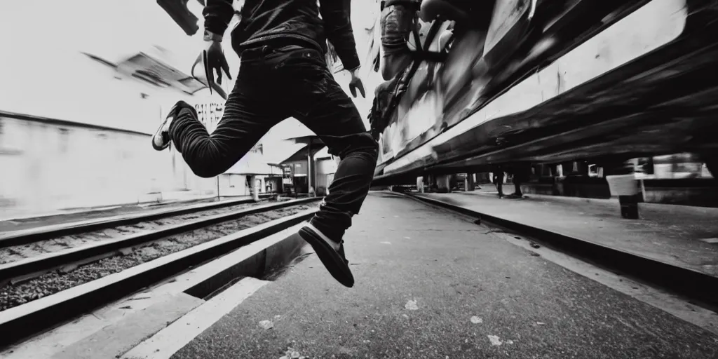 Image similar to a wide shot angle photography of a person trying to jump into a moving train from a platform