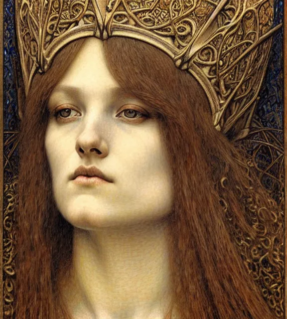 Image similar to detailed realistic beautiful young medieval queen face portrait by jean delville, gustave dore and marco mazzoni, art nouveau, symbolist, visionary, gothic, pre - raphaelite. horizontal symmetry